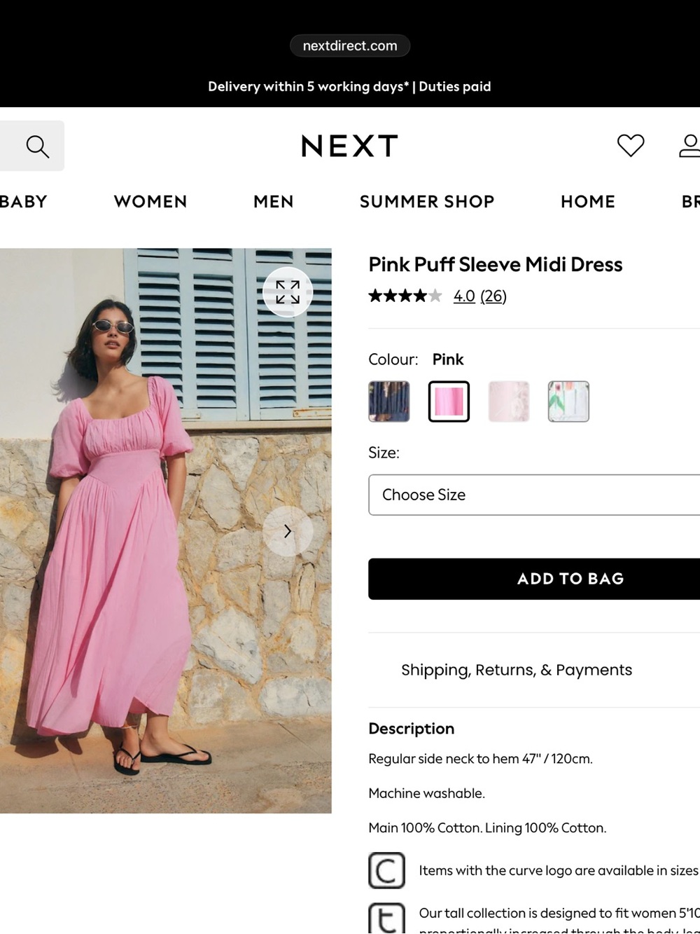 next Pink Square-Neck Midi Dress with Puff Sleeves